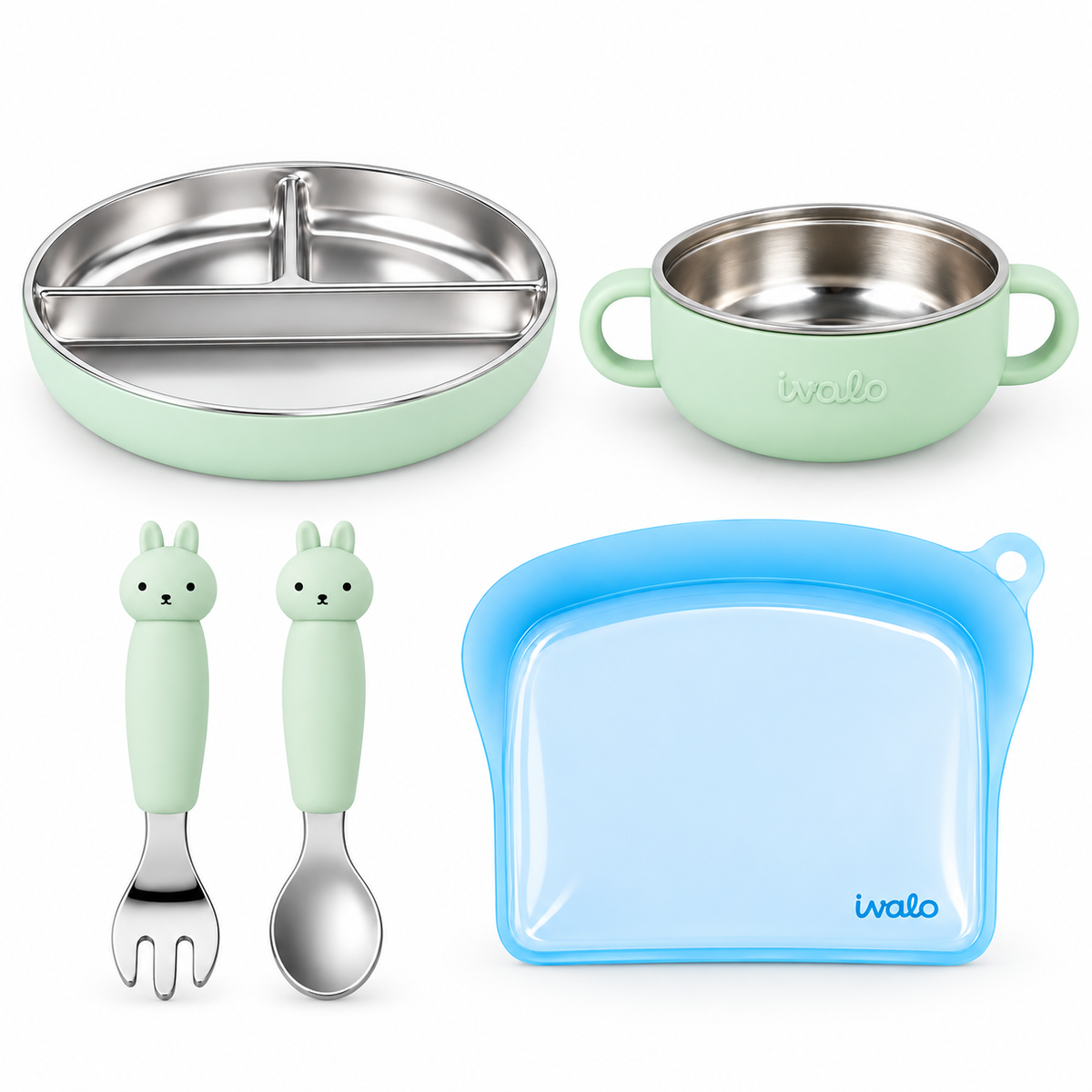 Ivalo Complete Mealtime Combo (1 Pc Plate + 1 Pc Bowl + 1 Food Bag + 1 Set Of Fork & Spoon)